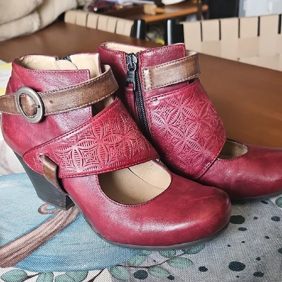 Miz Mooz Burgundy Cutwork Leather Ankle-Strap Heels - Picture 1 of 10